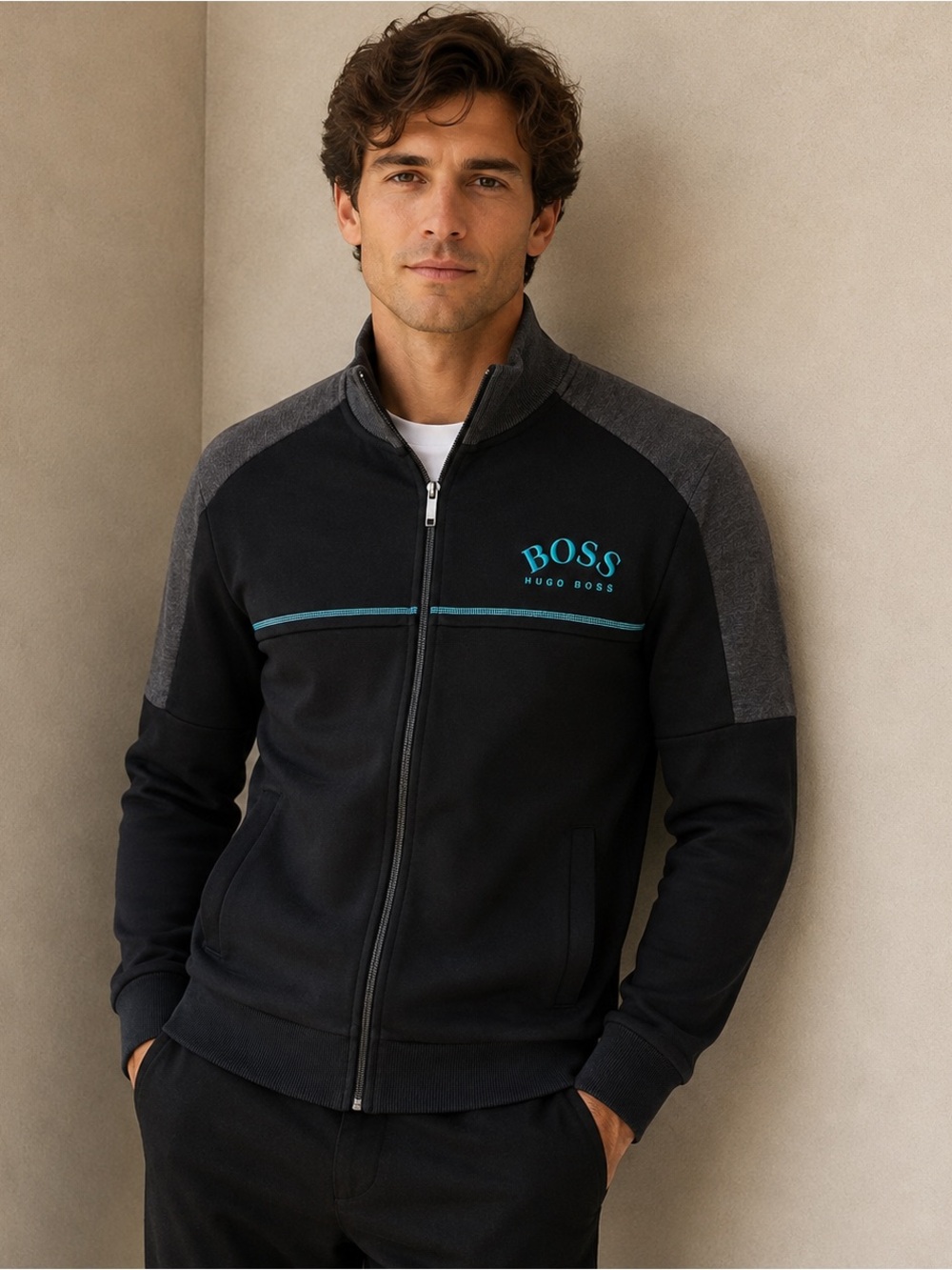 HUGO BOSS Men’s Full Zip Track Jacket Sweater Black Grey Teal Size Small